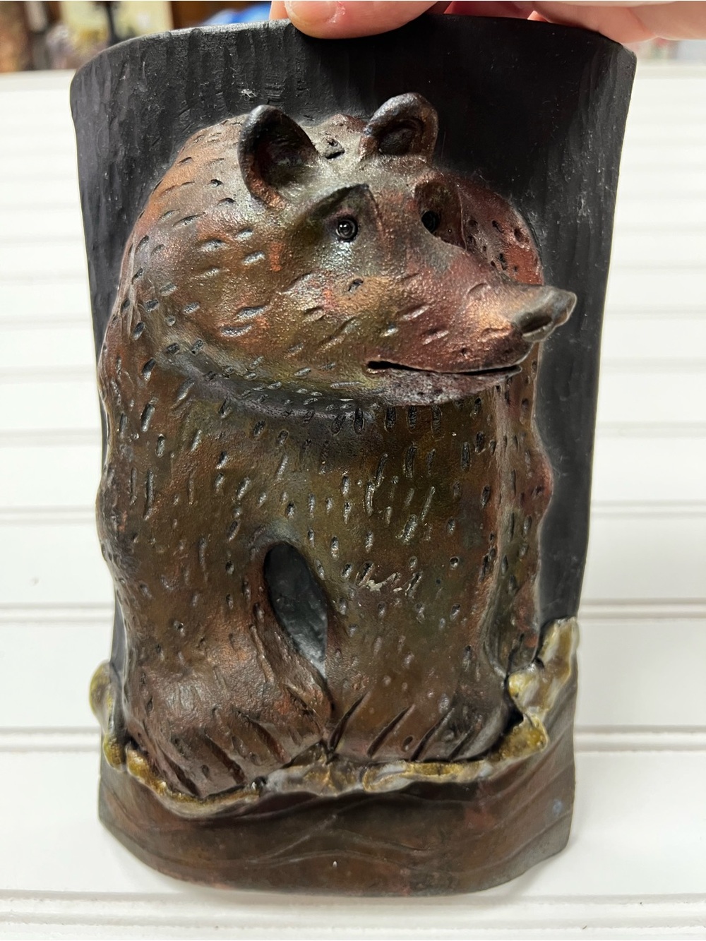 Hand-Crafted Signed Raku Pottery 3D Grizzly Bear Statue